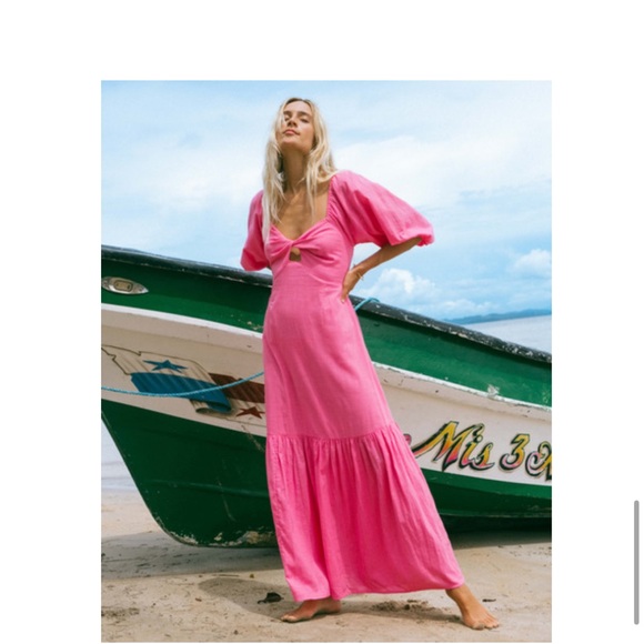 Billabong Pink Puff Sleeve Plunge Maxi Dress - Picture 1 of 2